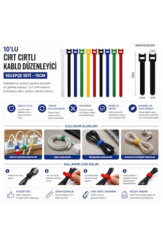 Cırt Cırtlı Kablo Düzenleyici 10 Lu Set 15 Cm Çok Amaçlı Kablo Toplayıcı