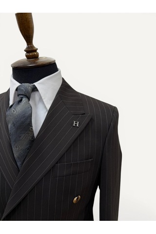 Hermose Sartorial Espresso Kahve Çizgili Kruvaze Takım Elbise Kahverengi