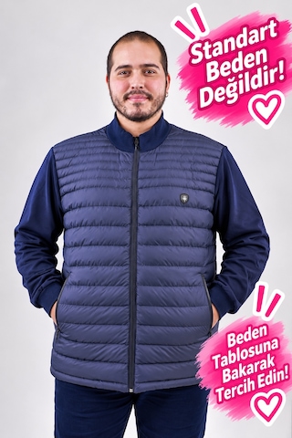 Büyük Beden Erkek Elyaf Dolgulu Fermuarlı Dik Yaka Cepli Mont Ramon Miele Lacivert