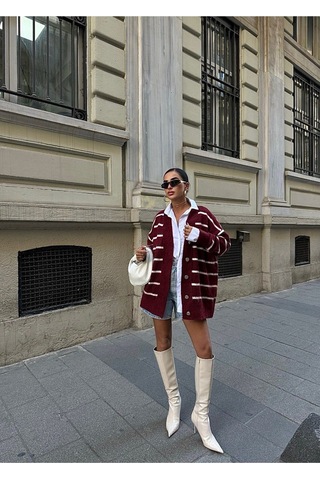 Lymens Rahatlık Ve Şıklıkta Sınır Tanımayan Çizgili Oversize Akrilik Hırka Bordo