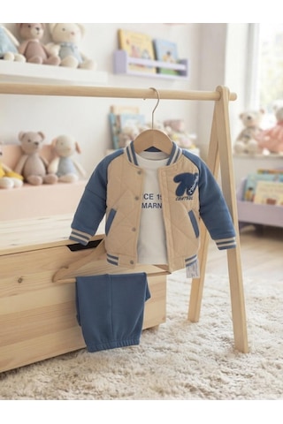 Efemkids N Nakışlı Erkek Takım 6 Ay,12 Ay,18 Ay,2y Erkek Bebek Takım 3'lü Baskılı Mont+basklı Uzun Kollu Body+ Pijama Yenidoğan Bebek Takım Turkuaz