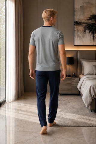 Pijamask Erkek Açık Gri Düğmeli Yaka Pamuklu Uzun Pantolonlu Pijama Takımı Lacivert Alt Rahat Ev Giyim Gri