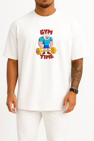 Bahriyeli Collection Oversize Adventure Time Gym Fitness Göğüs Baskılı Unisex T-shirt Beyaz