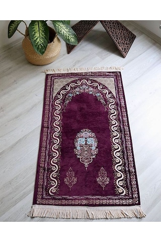 Kadife Astarlı Seccade Ve Kristal Tesbih Özel Kutulu Lüks Hediyelik Çeyizlik Set Mürdüm