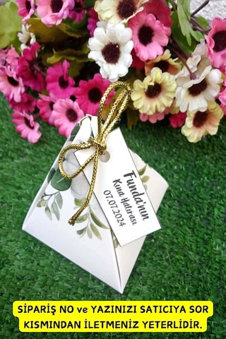 30 Adet Gold İpli Yeşil Çiçekli Piramit Kutu - Kına Hediye Kutu