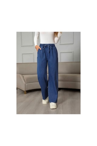 Kadın Mavi Beli Lastikli, Bagcıklı, Cepli, Bol Paça, Palazzo Kot Pantolon - Tesettüre Uygun Kadın Mavi Beli Lastikli, Bagcıklı, Cepli, Bol Paça, Palazzo Kot Pantolon - Tesettüre Uygun