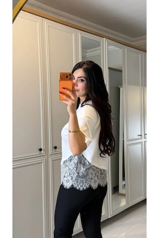 Dogutrend Kısa Kollu Bısıklet Yakalı Dantel Detaylı Vıskon Ikı Iplık Bluz Beyaz