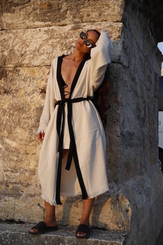 Befera Müslin Kimono Pamuklu Nazar Boncuk Baskılı Desenli Bornoz Kaftan Sabahlık Ekru