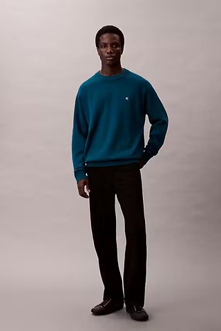 Erkek Regular Fit Monogram Nakışlı Kazak - Petrol Mavisi Deep Sea Teal