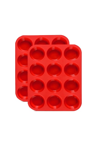Kangvka 2 Adet Silikon Muffin Kalıbı - 12'li Set, Anti Yapışkan, 29x21.8x4cm, 230g, Kırmızı, Pastane Fırın Kalıpları KIrmızı