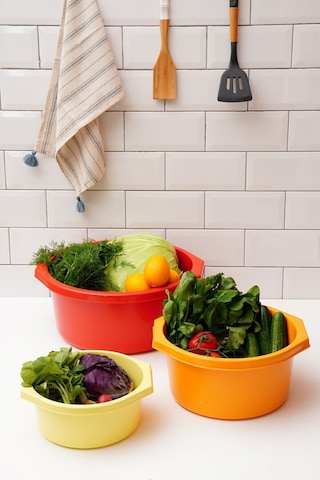 Esti 3 Boy Kalın Dayanıklı Plastik Badya Seti Çok Amaçlı Salata / Yıkama / Saklama / Hazırlık Kabı Sarı-turuncu-kırmızı
