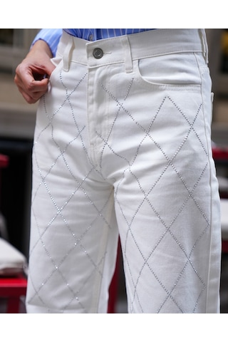 Kadın Beyaz Renk Palazzo Önü Starlight Parlak Taşlı Tasarım Denim Beyaz