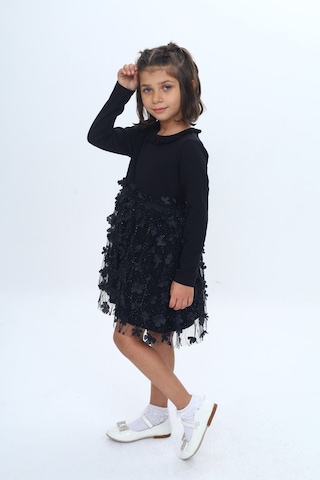Toontoy Kız Çocuk Yaka Fırfır Etek 34 Çiçekli Tüllü Elbise Siyah