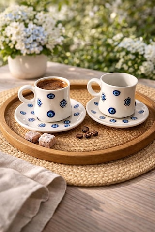 Hediyelik Nazar Boncuklu Desenli El Yapımı Seramik Türk Kahve Fincanı Espresso 2li Set Hediyelik Çok Renkli