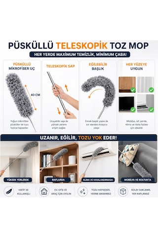 Mikrofiber Püsküllü Manyetik Anti-statik Toz Alma Mopu 210 Cm Teleskopik Uzayabilen Saplı Bükülebilir Başlıklı 40 Cm Püs