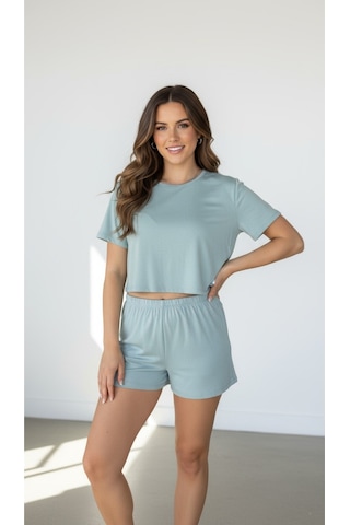 Merlot T-shirt Şort Örme Pijama Takımı Mint