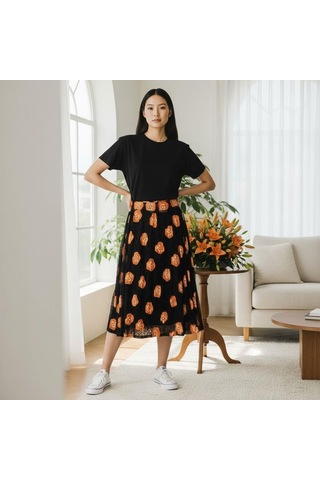 Şifon Beli Lastikli Etek 95 Cm - 38-50 Oranj