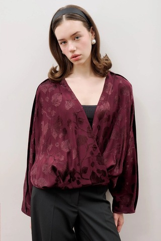 Manuka Jakarlı Saten Kimono Bordo Bordo