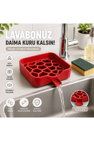 Lavabo Üstü Sünger Ve Sabun Düzenleyici Drenajlı Mutfak Lavabo Organizeri Petek Tasarımlı Kırmızı