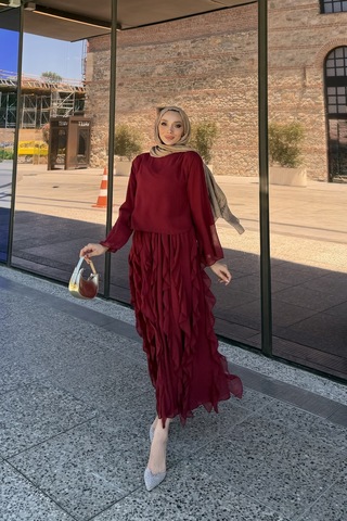Riella Butik Mirel Volanlı Tesettür Takım Kırmızı