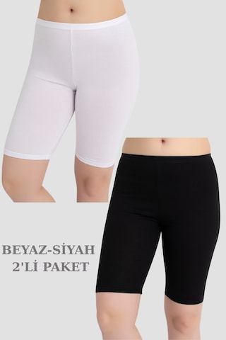 Kadın Pamuklu Diz Üstü Kısa Tayt 2'li Paket Beyaz - Siyah Beyaz - Siyah