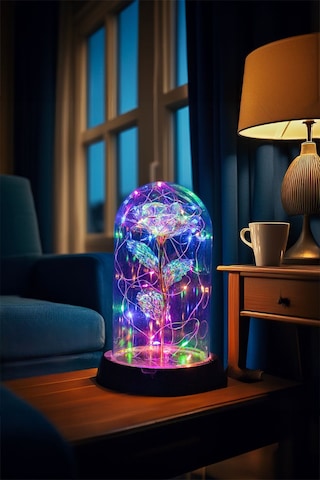 Anneler Gününe Özel Galaxy Rose Yapay Gül Fanus Lamba Usb'li Yapay Çiçek Hediyelik