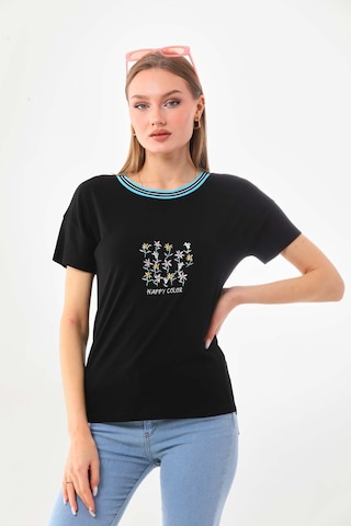 Sistas Kadın Çiçek İşlemeli Bisiklet Yaka Kısa Kol Bluz 23048 Siyah