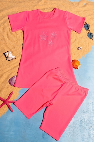 Beniizle Yıldız Taş Detaylı Kız Çocuk Üçlü Set Mayo Neon Pembe