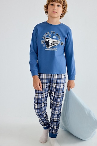 Defacto Regular Fit Baskılı Ve Ekoseli 2li Erkek Çocuk Pijama Takımı H6686a826aube341 Mavi-be341