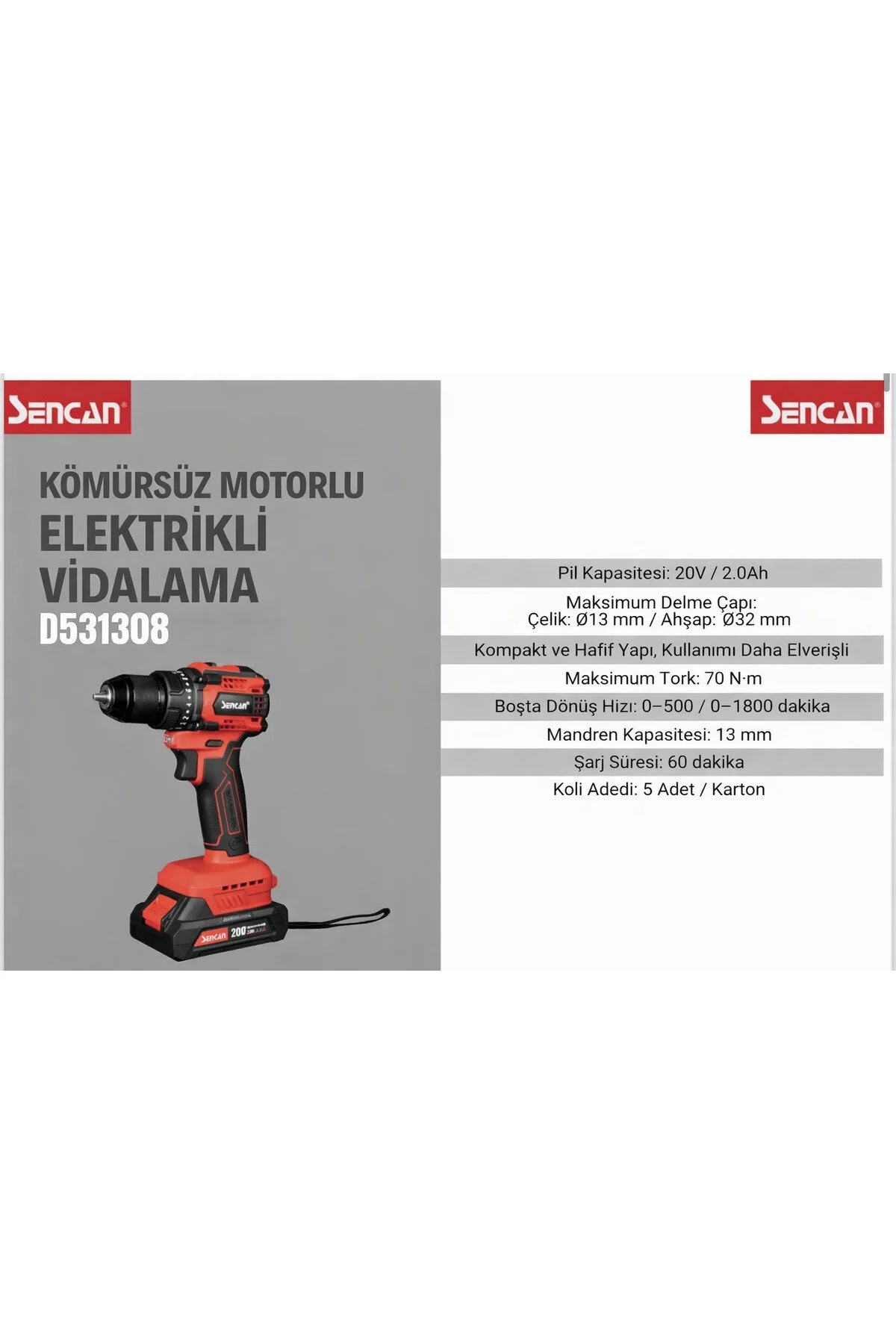 Sencan D531308 20V Kömürsüz Şarjlı Matkap