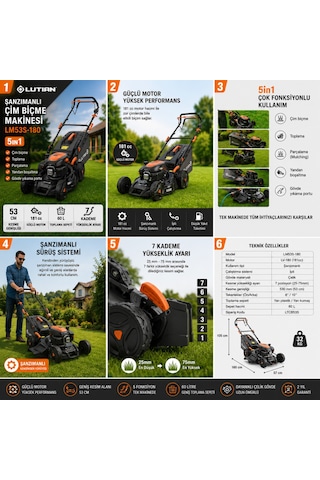 Lutian LM53S-180 53 CM 5in1 Şanzımanlı Benzinli Çim Biçme Makinesi