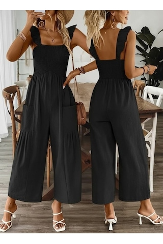 Alyn Wear Kadın Askılı Gipe Detaylı Cepli Uzun Tulum Siyah