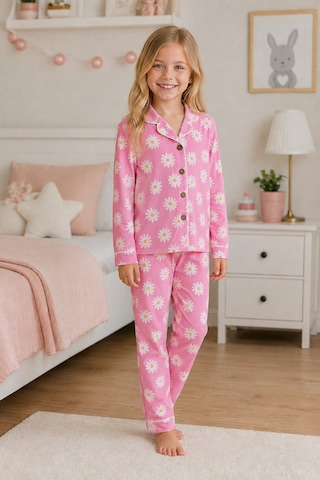 Beniizle Kız Çocuk Pijama Takımı Papatya Desenli Pembe Uzun Kollu Düğmeli 2 Li Pijama Takımı