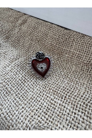Gotik Kalp Figürlü Kırmızı Taşlı Rose Yüzük Zamak Kaplama Ayarlanabilir Kadın Takı Gümüş - Gri