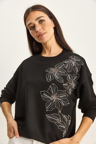 Shade Kadın Bisiklet Yaka Çiçek Boncuk İşlemeli Relaxed Sweatshirt 1572 60283809 - Siyah