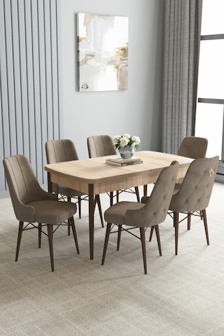 Zümra Serisi, Meşe Desen 80x132 Açılabilir Mdf Mutfak Masası Takımı 6 Adet Sandalye, Cappucino