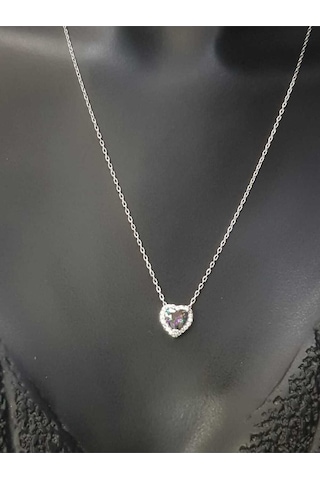 Vog Swarovski Taşlı S Model Mistik Topaz Kalp Taş Detay Gümüş Sevgiliye,arkadaşa Kolye