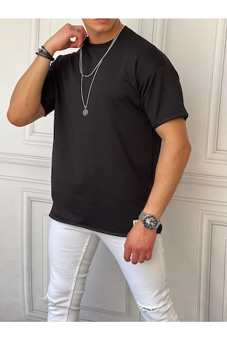 Modefendi Pamuk Likra Yırtmaç Detaylı 2 İplik Oversize Tshirt Siyah