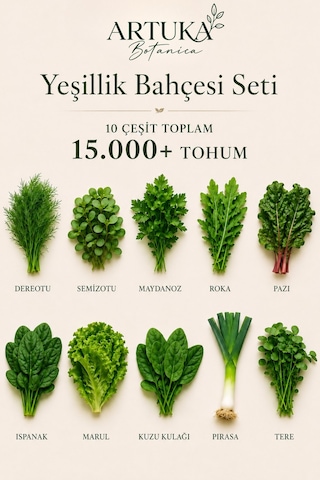 Yeşillik Bahçesi Tohum Seti 10 Çeşit 15.000+ Tohum Maydanoz, Roka, Tere, Ispanak, Marul, Dereotu, Pazı, Semizotu, Kuzu Kulağı, Pırasa Yeşillik Bahçesi Tohum Seti 10 Çeşit 15.000+ Tohum Maydanoz, Roka, Tere, Ispanak, Marul, Dereotu, Pazı, Semizotu, Kuzu Kulağı, Pırasa
