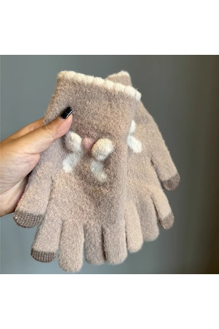 Kadın Soğuk Geçirmez Sevimli Eldiven Kahverengi