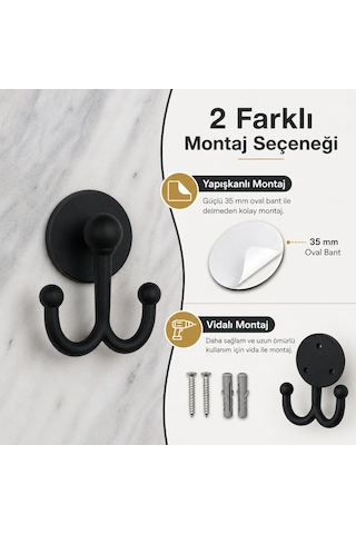 Lexroo Lotus Siyah Çiftli Lüx Bornoz Ve Havlu Askılığı, Yapışkanlı Ve Vidalı Montajlı Duvar Askısı