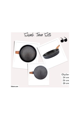 Febern Premium Bio Granit Alüminyum Döküm Nisch Tava Seti - Siyah Koyu Ahşap Kulp