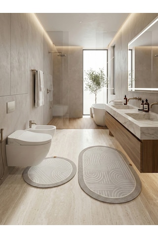Melena Carpet Premium Kaymaz Taban Banyo Paspası Jüt Kenar Detaylı Oval Yuvarlak Set 100x60-60x60 Açık Gri