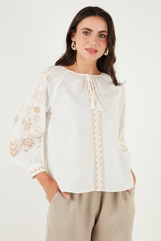 Lela Pamuklu Regular Fit Balon Kol Nakış Işlemeli Bayan Bluz 6110936 Ekru-Taş