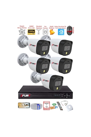 Fury 5 Kameralı 5mp Lens 2 Mp Görüntü Gece Renkli Full Hd Ultra Led Akıllı Güvenlik Kamerası Seti 1 Tb