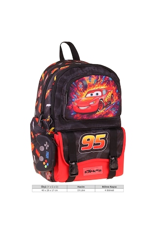 Kaukko Kids Dört Bölmeli Erkek Çocuk Yarış Arabası Baskılı Kırmızı - Siyah Okul Sırt Çantası - L5399