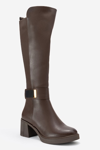 Luvi Shoes Moreni Kahve Cilt Streç Detaylı Tokalı Kadın Kalın Topuklu Çizme Kahverengi