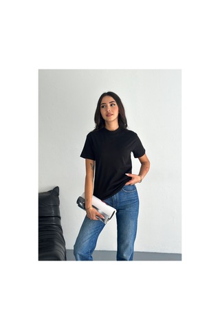 Fiolin Kadın Siyah Dik Yaka 2'li Paket %100 Pamuk Basic Örme T-shirt