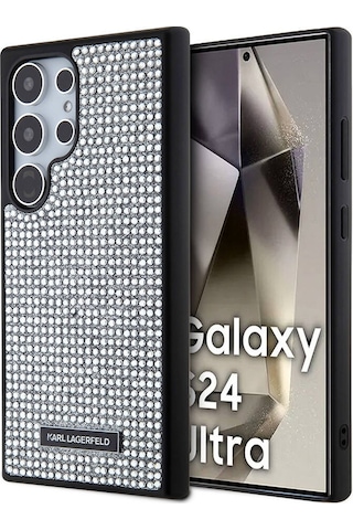 Galaxy S24 Ultra Uyumlu Kılıf Taşlı Metal Logo Lisanslı Kapak Gümüş