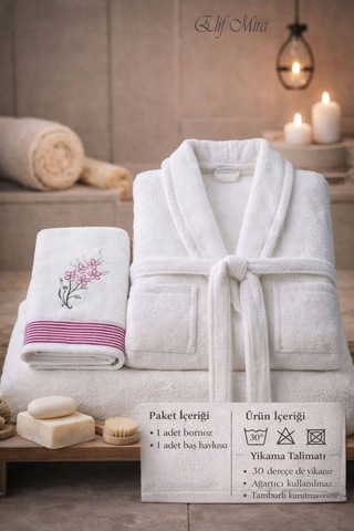 Tek Kişilik Banyo Havlulu Bornoz Seti Pamuklu Bukle Şalyaka Nuvia Beyaz